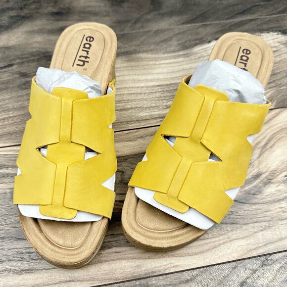 NIB Earth Willow 8.5M Yellow Leather Slip On Cork Platform Wedge Slide Sandal - Picture 2 of 10